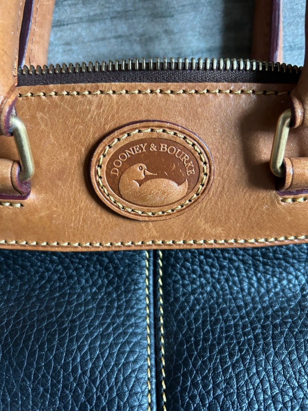 Dooney & Bourke Black Pebbled Leather Satchel with Tan Trim and Brown Strap - Picture 2 of 11